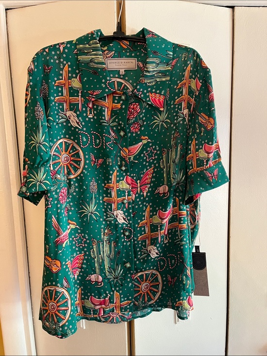 Double D Ranch Tops - Double D Ranch Emerald Western Motif turquoise pearl snap